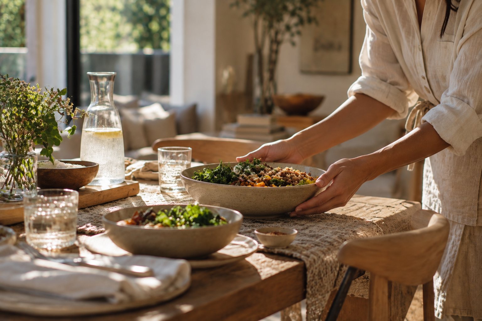 A prepared grain and greens bowl being set on a sunlit dining table